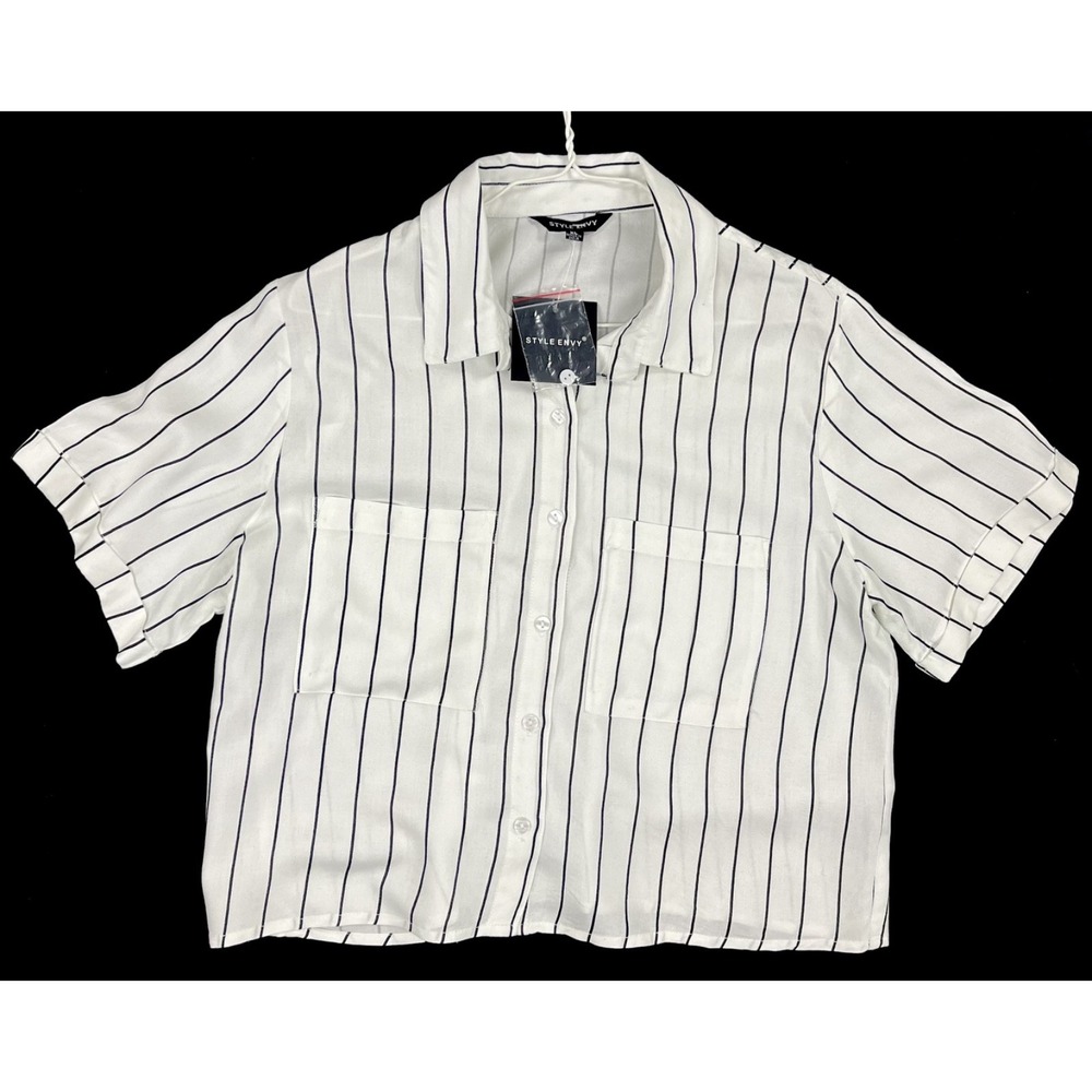 NWT Style Envy XL Women Ivory Black Stripe Short Sleeve Button Down Shirt Rayon